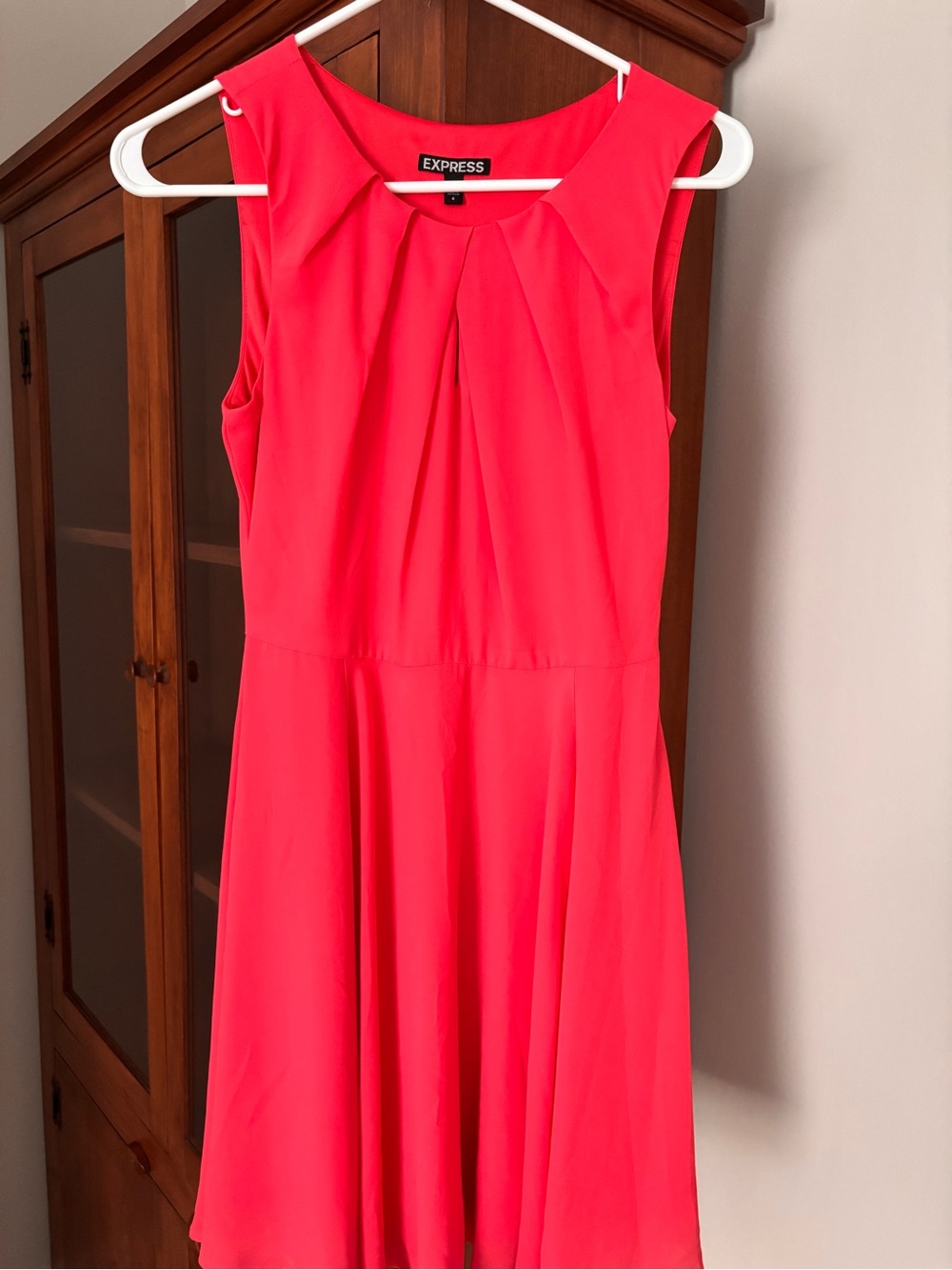 Express Women's Bright Coral Pink Sleeveless Pleated Fit-and-Flare Dress